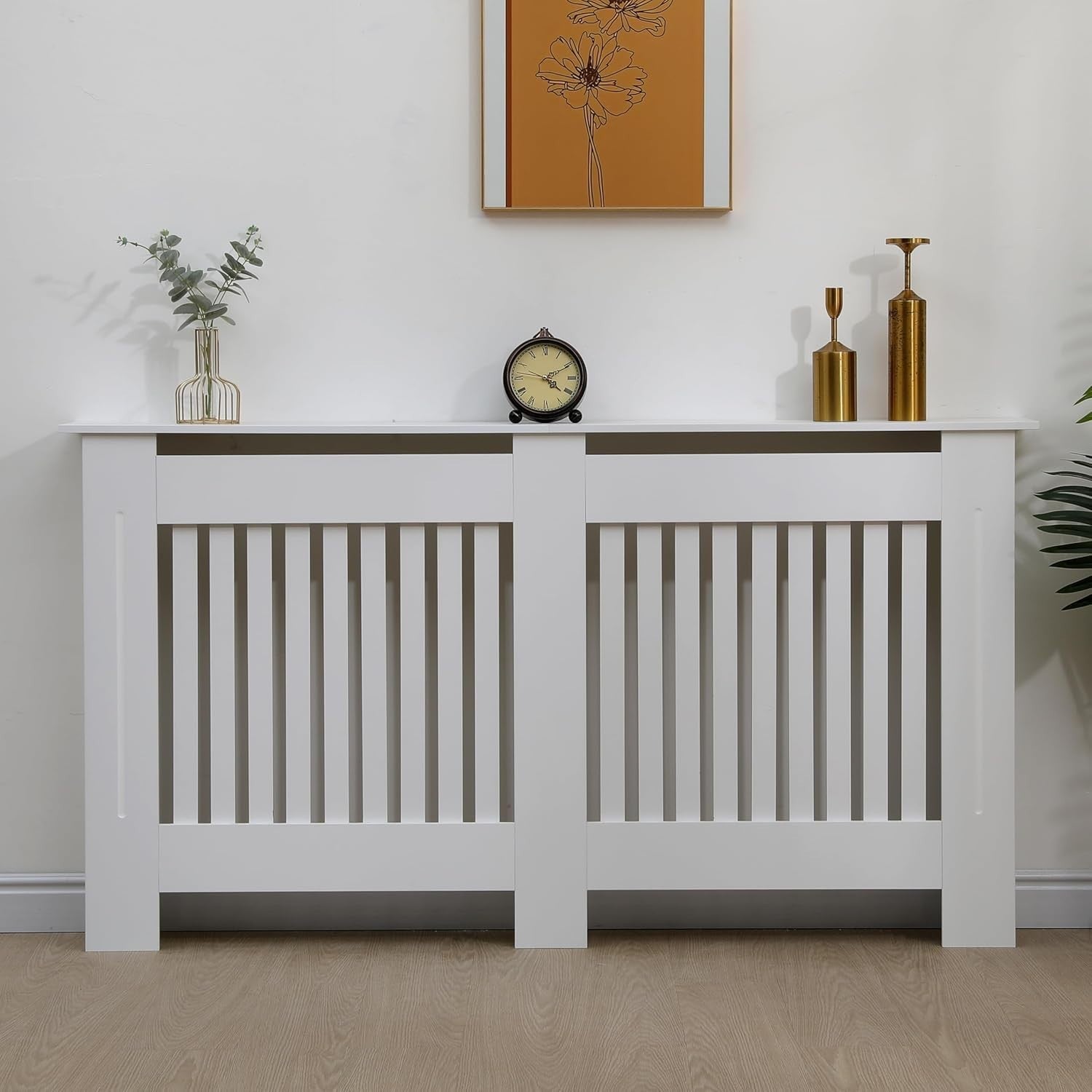Large White Radiator Cover MDF Slatted Cabinet – Modern Grill Heater Shelf