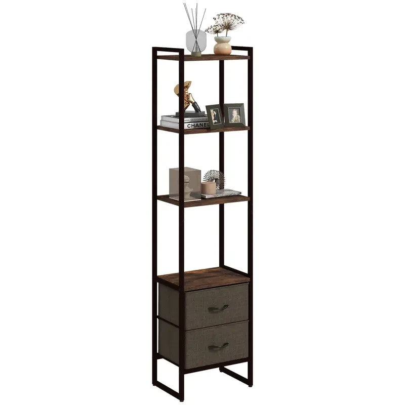 Slim Industrial Display Shelf with Drawers – Rustic Narrow Bookcase Unit