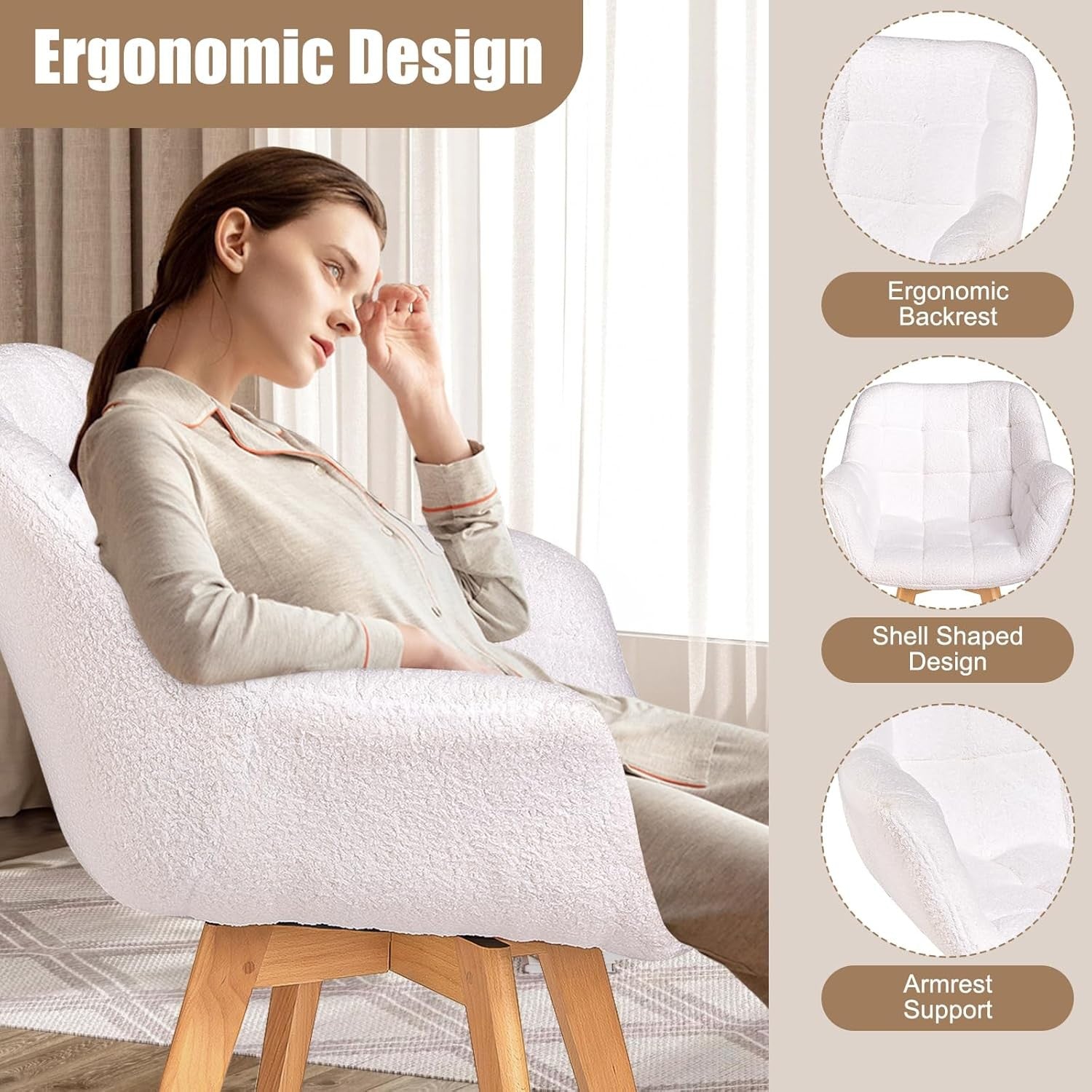 White Boucle Swivel Tub Chair Accent Armchair Wood Legs