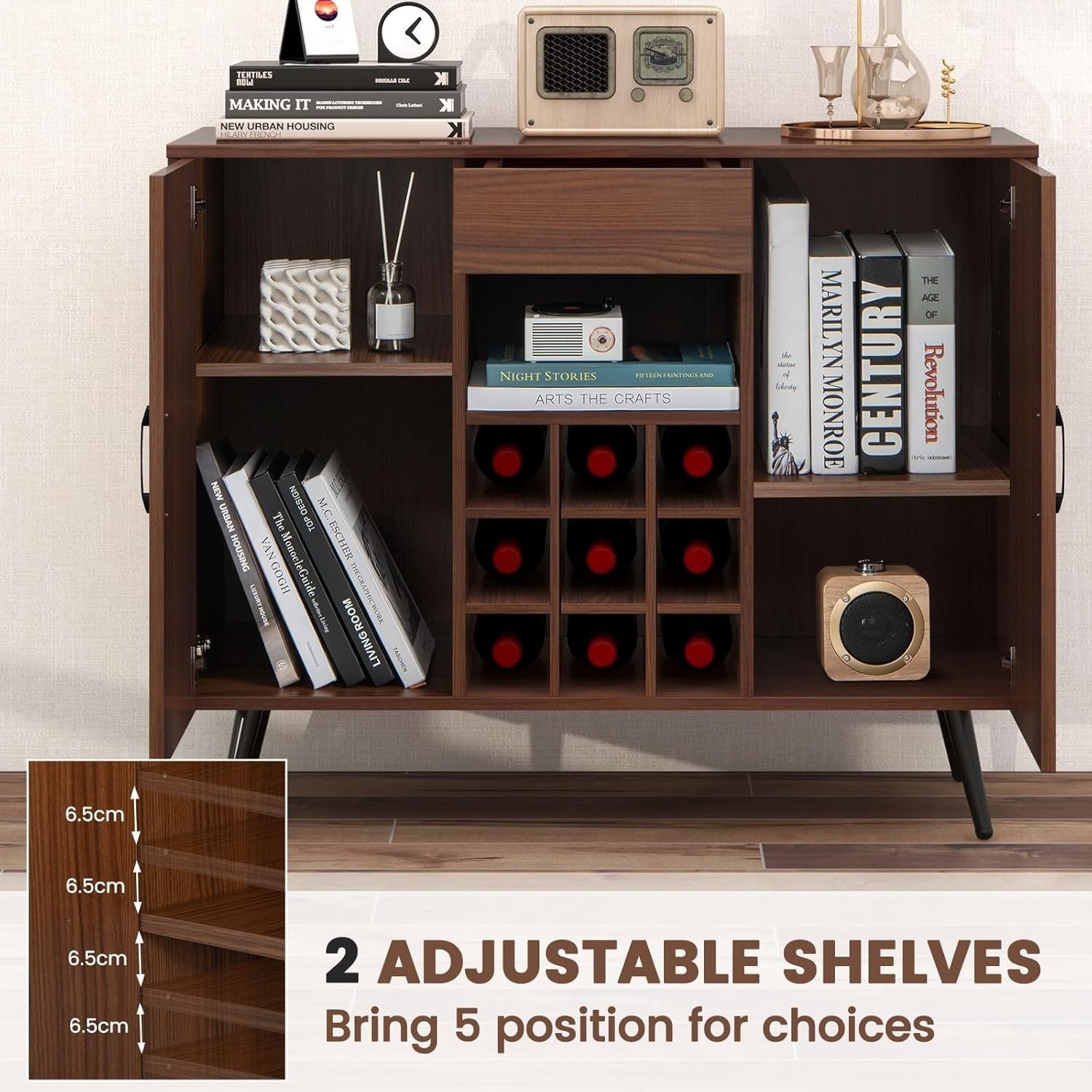 Mid Century Wine Sideboard Cabinet with 9 Bottle Rack & Storage Shelves Walnut