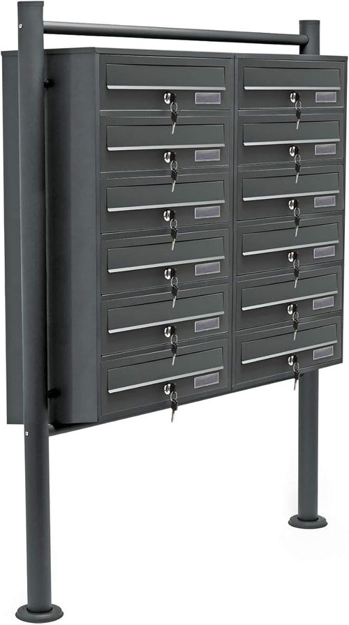 Outdoor Lockable 12 Slot Letterbox Cluster Anthracite Steel Pedestal Mount