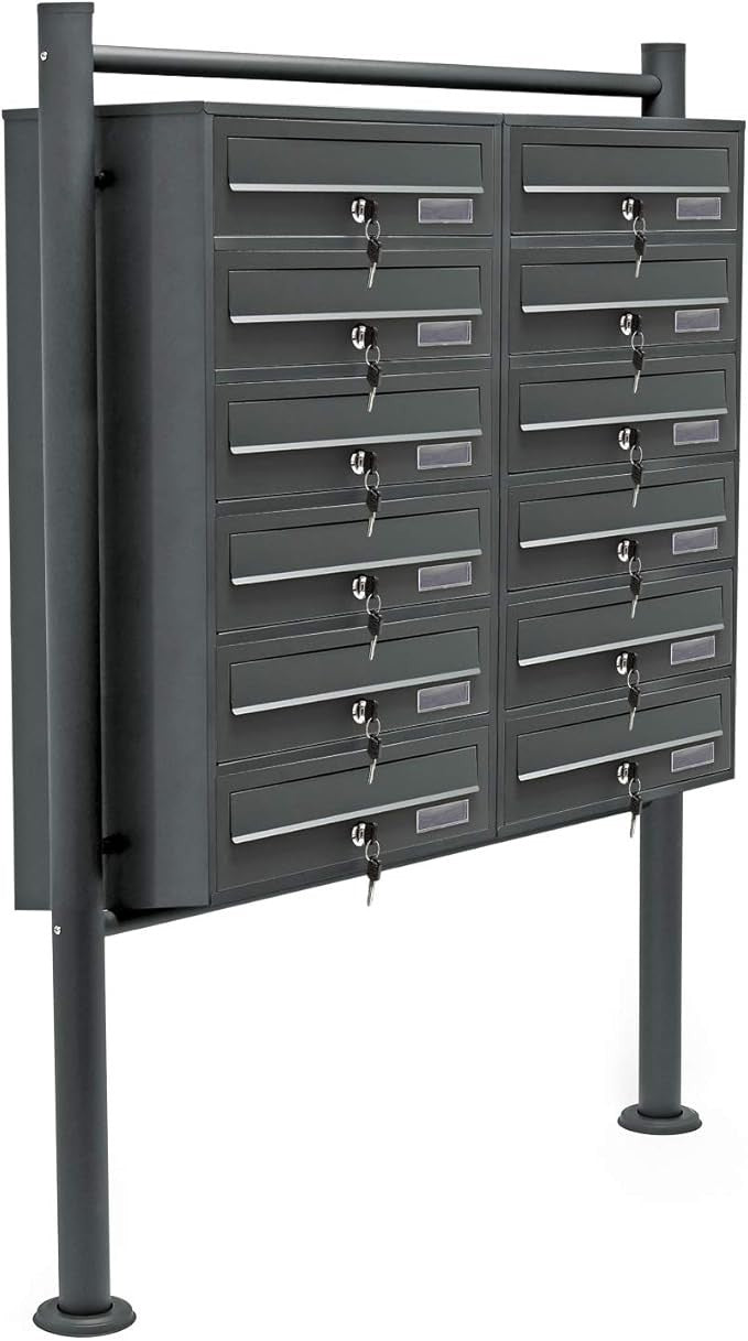 Outdoor Lockable 12 Slot Letterbox Cluster Anthracite Steel Pedestal Mount