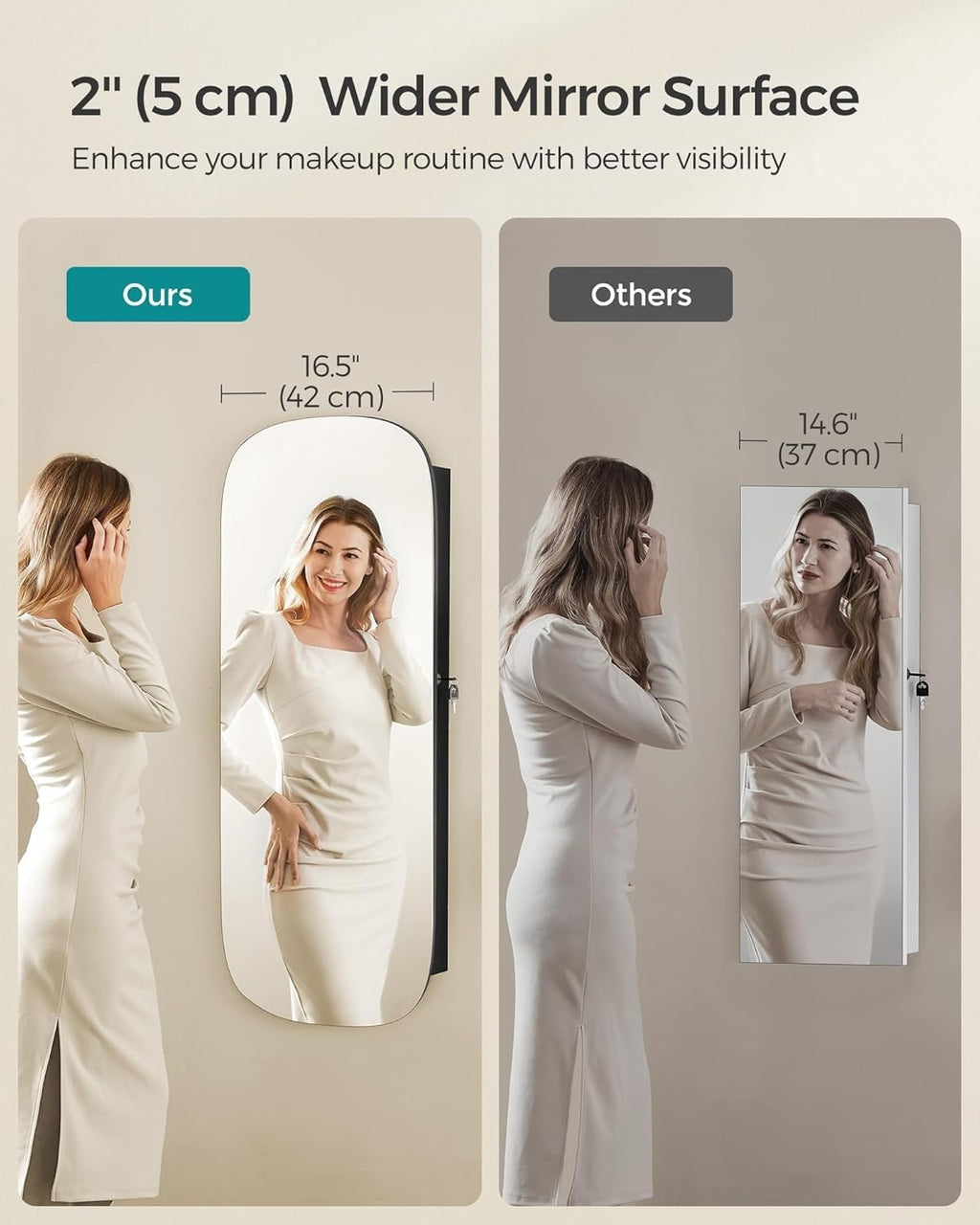 Black LED Wall Mounted Jewelry Cabinet Mirror Lockable Wide Storage