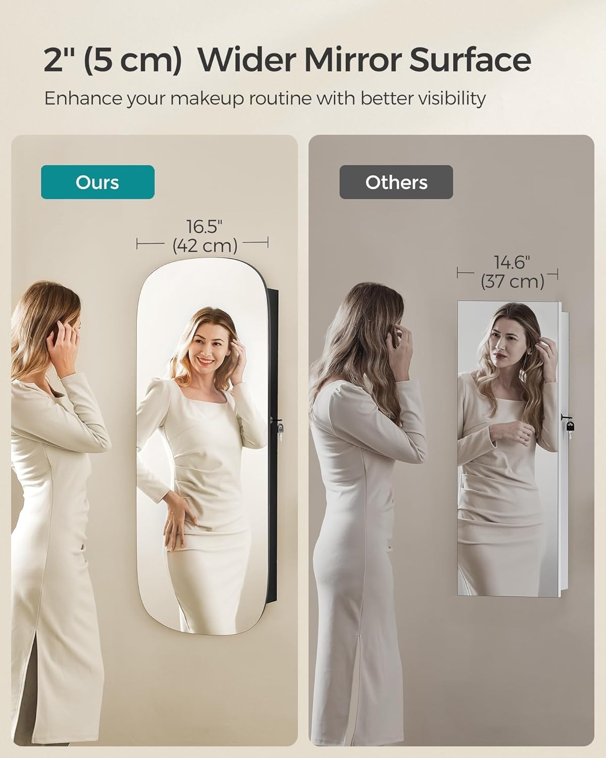 Black LED Wall Mounted Jewelry Cabinet Mirror Lockable Wide Storage