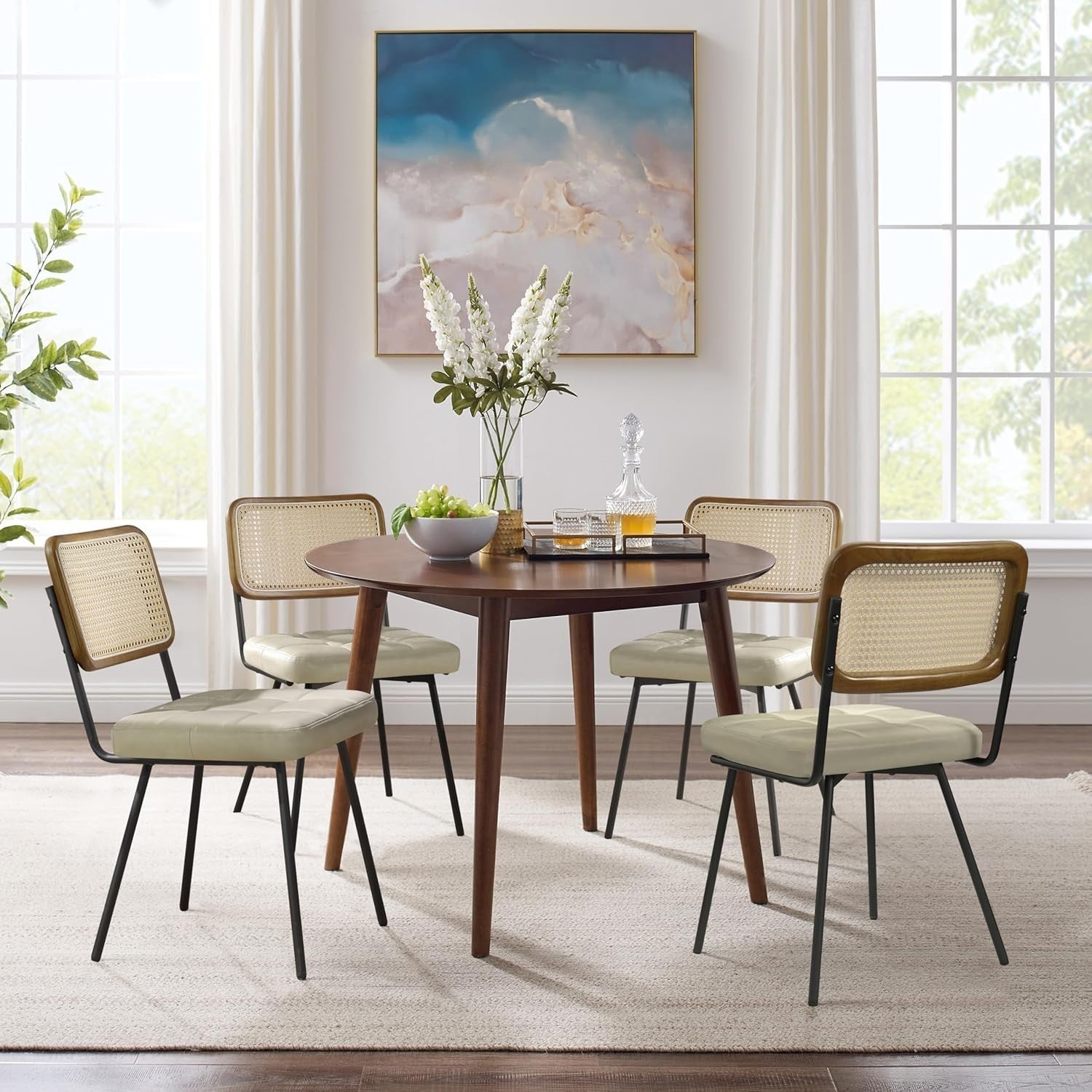 Set of 4 Rattan Dining Chairs Cushioned Cane Back Modern Kitchen Seating Beige