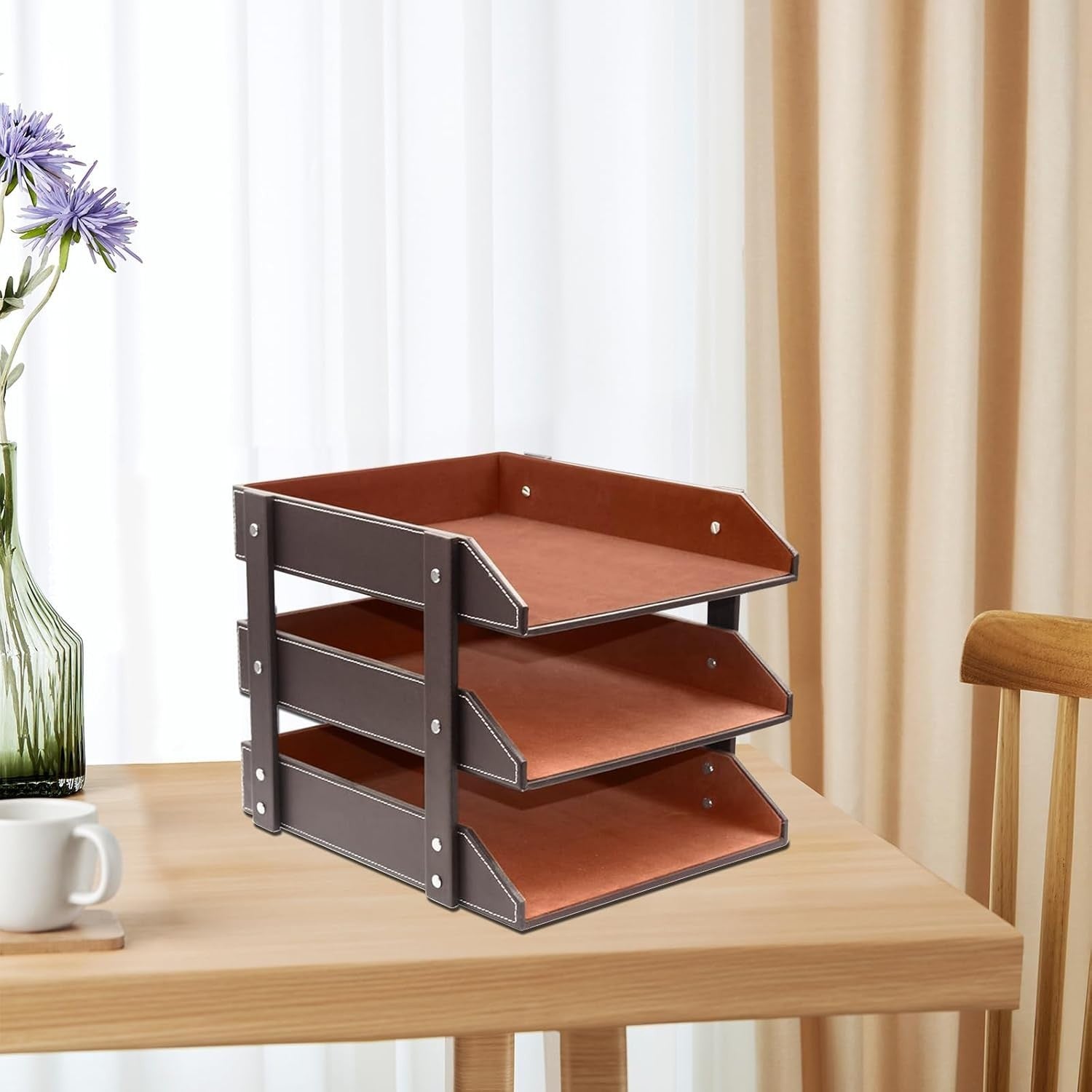 Luxury 3-Tier Leather Desk Organizer Tray for Documents, Magazines & Office