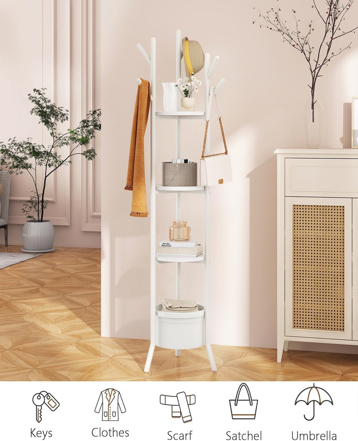 White Freestanding Coat Rack with Shelves | 169cm Metal Hall Tree Stand