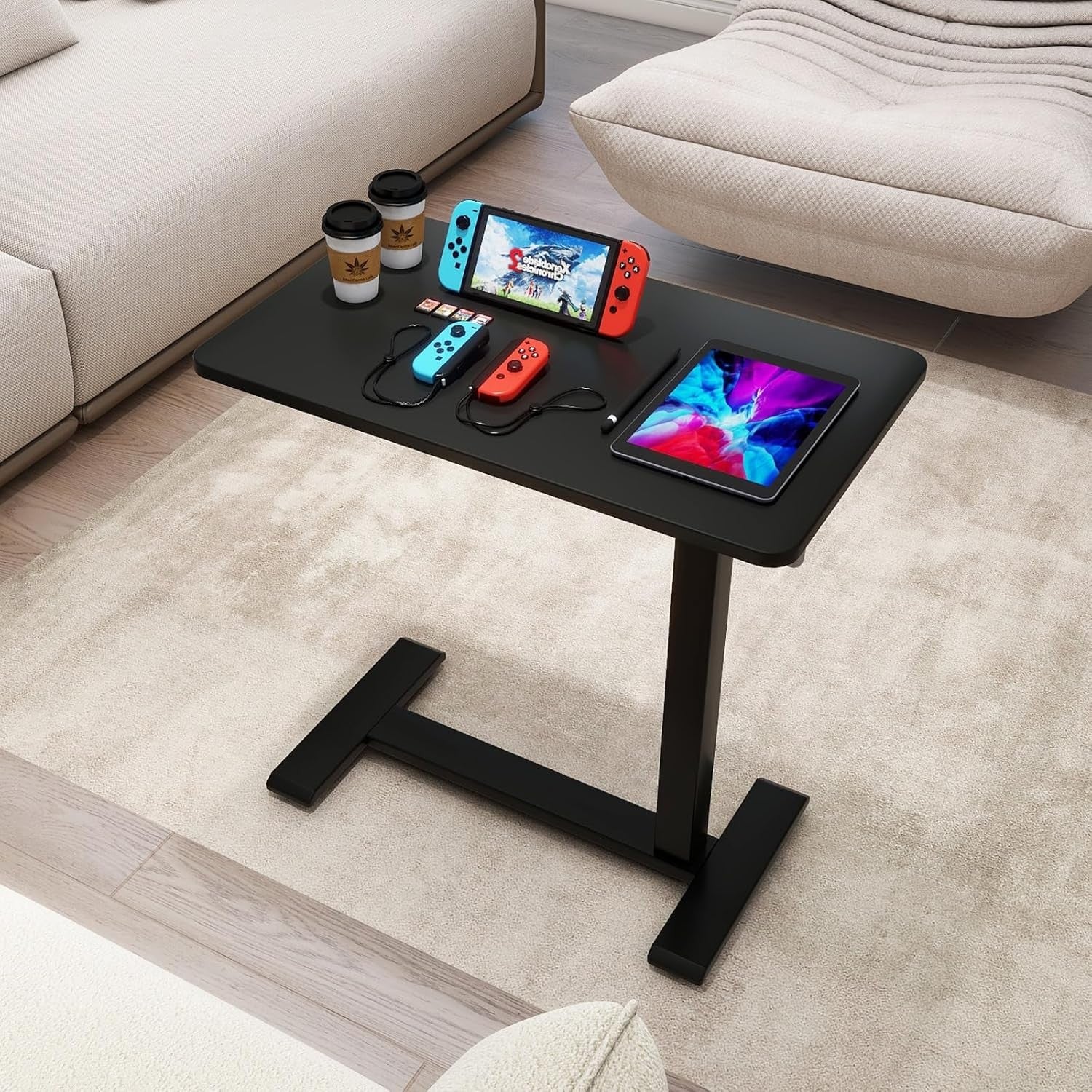 Overbed Table Adjustable Height Pneumatic Laptop Desk Rolling Bedside Stand