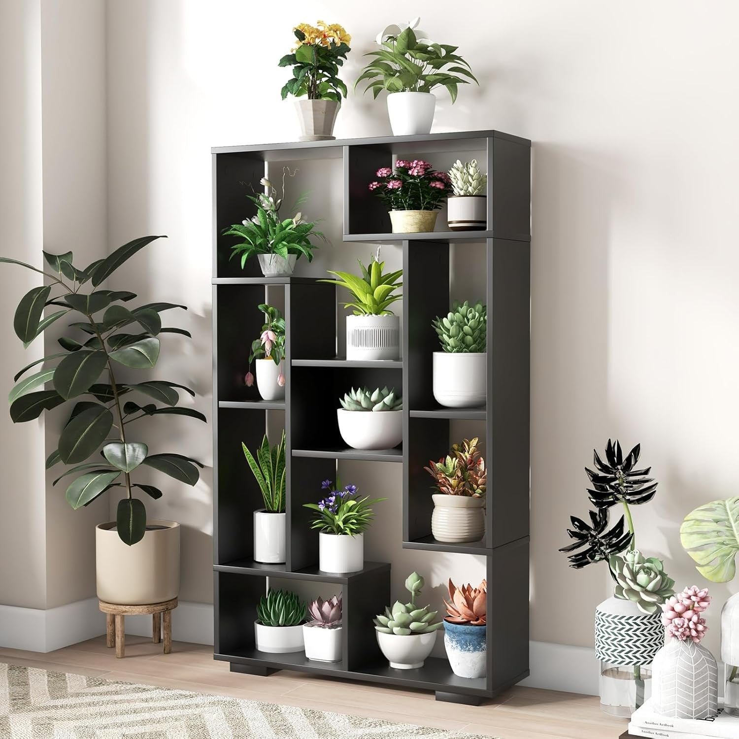 Geometric 11-Cube Bookcase Black | Modern Open Shelving Unit | Freestanding