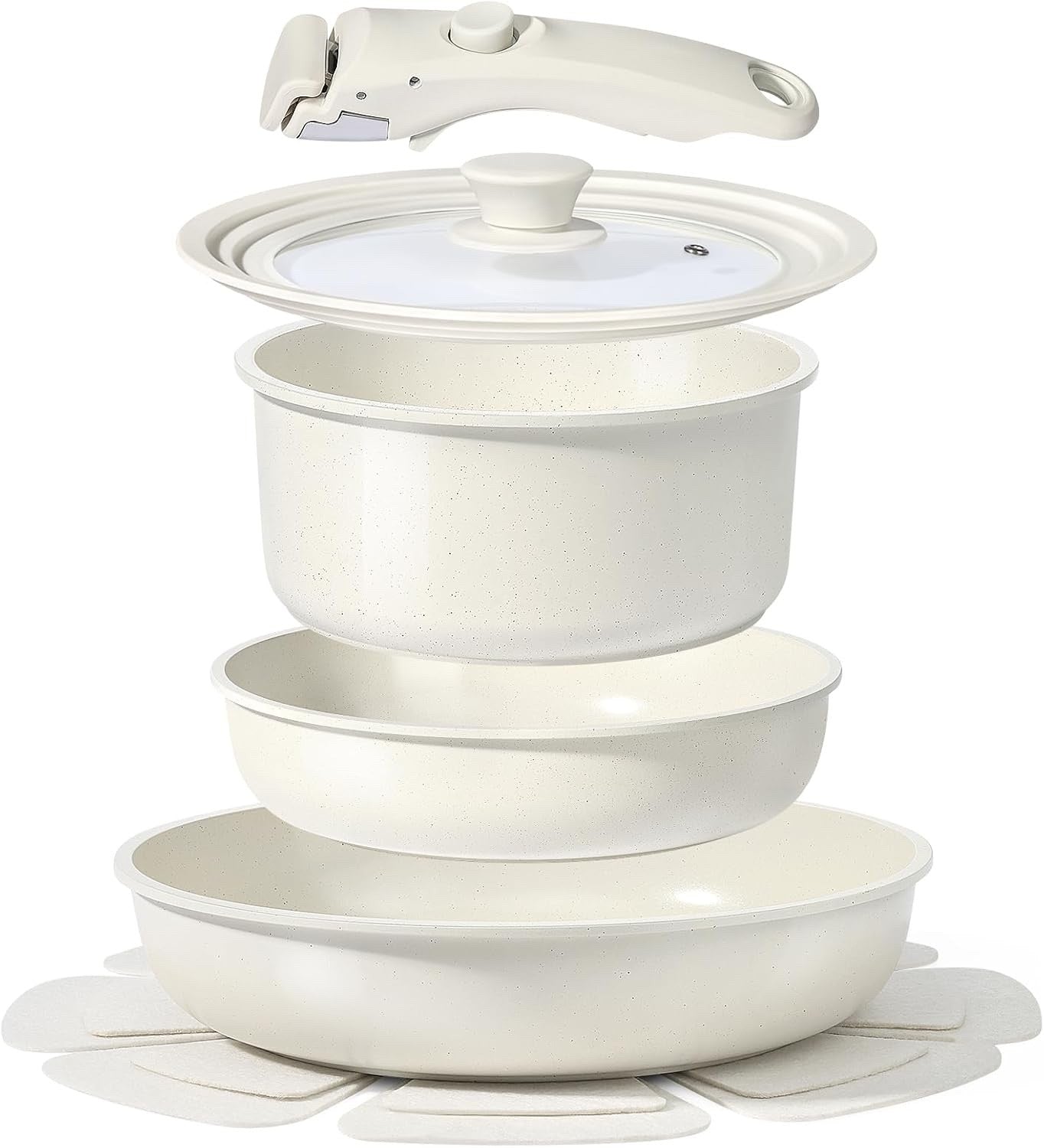 8pcs White Plus Ceramic Non Stick Induction Cookware Set with Detachable Handle