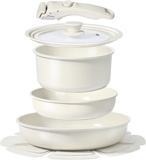 8pcs White Plus Ceramic Non Stick Induction Cookware Set with Detachable Handle