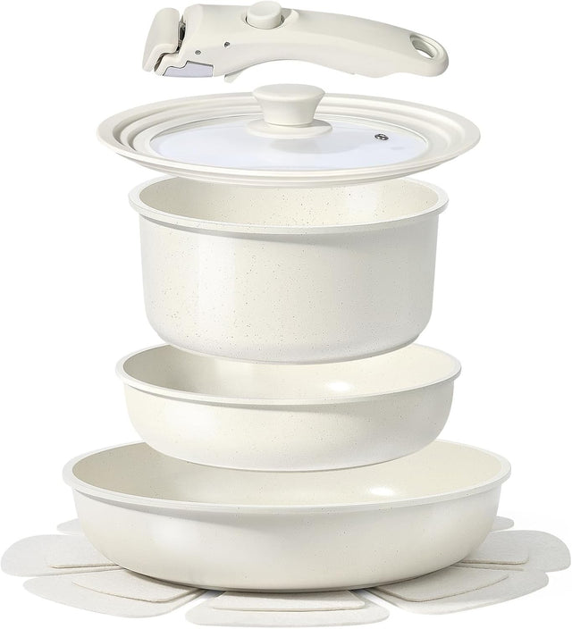 8pcs White Plus Ceramic Non Stick Induction Cookware Set with Detachable Handle