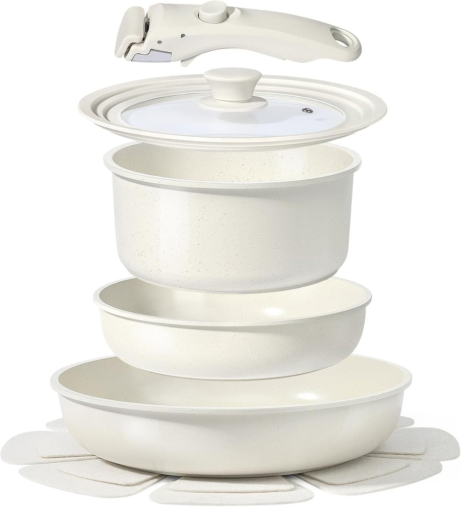 8pcs White Plus Ceramic Non Stick Induction Cookware Set with Detachable Handle