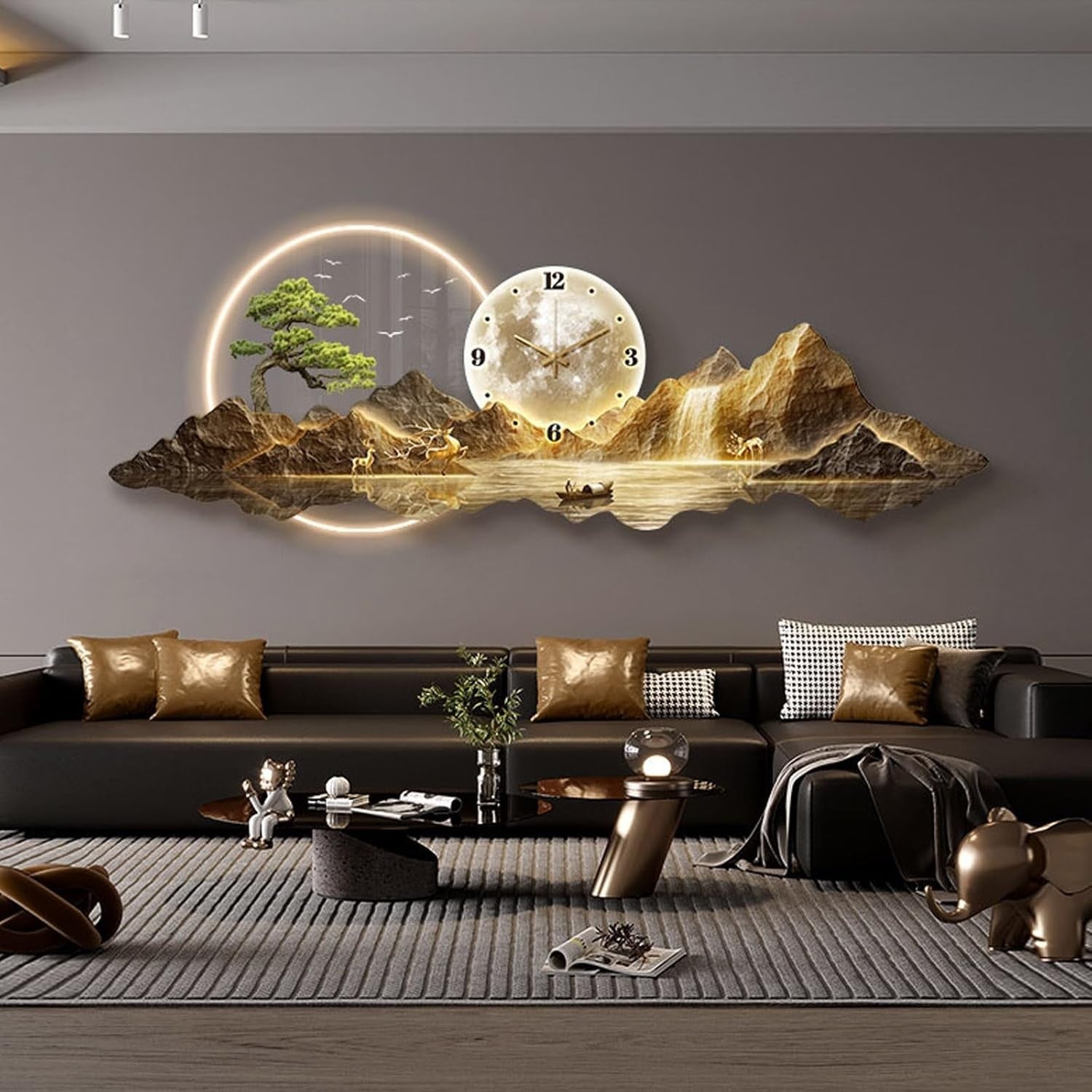 Luxury LED Mountain Wall Art Clock 3D Gold Landscape Decor Large 60x180cm