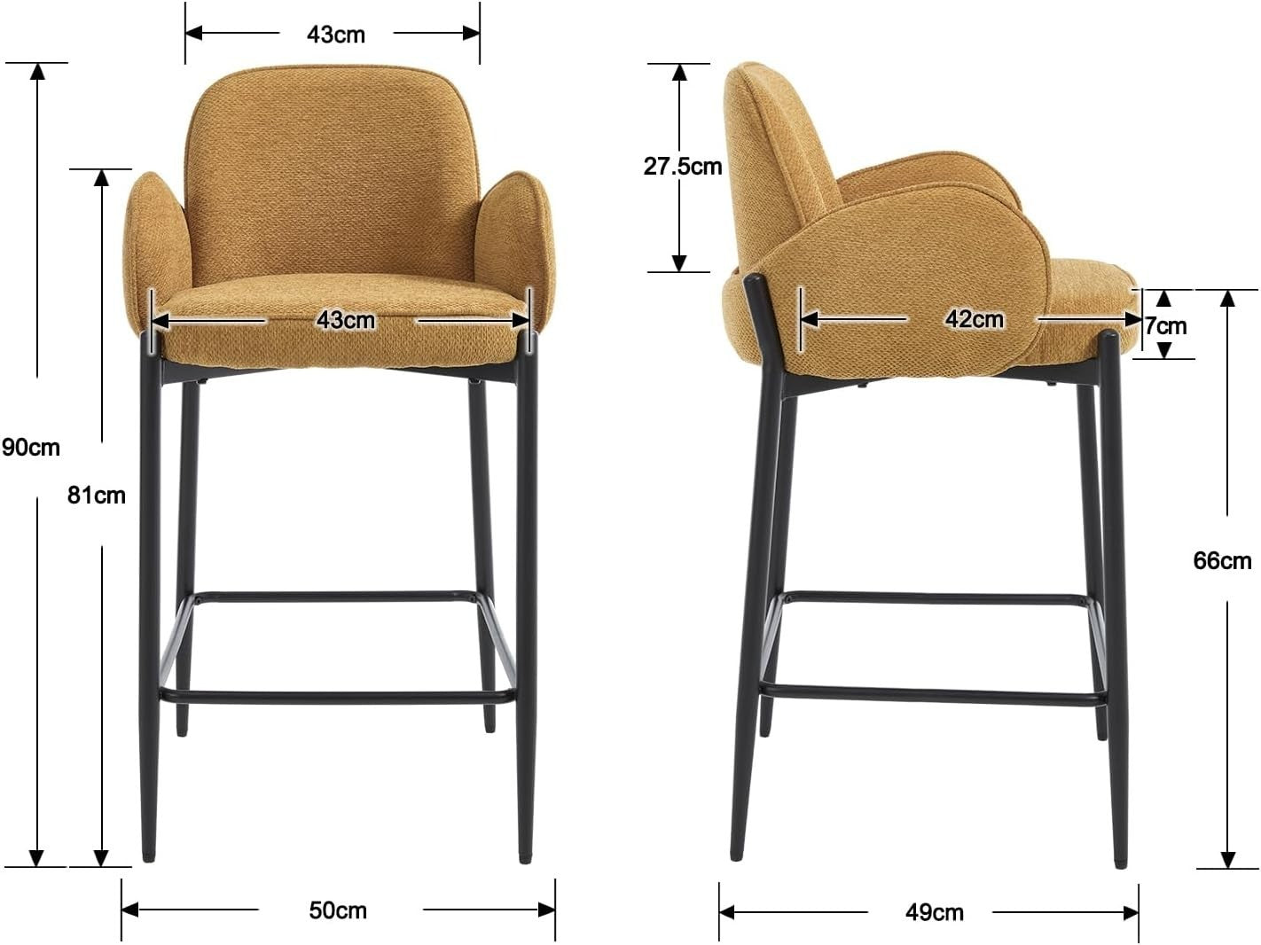 Modern Yellow Bar Stools Set of 2 | Chenille Seat, Metal Legs, Armrest