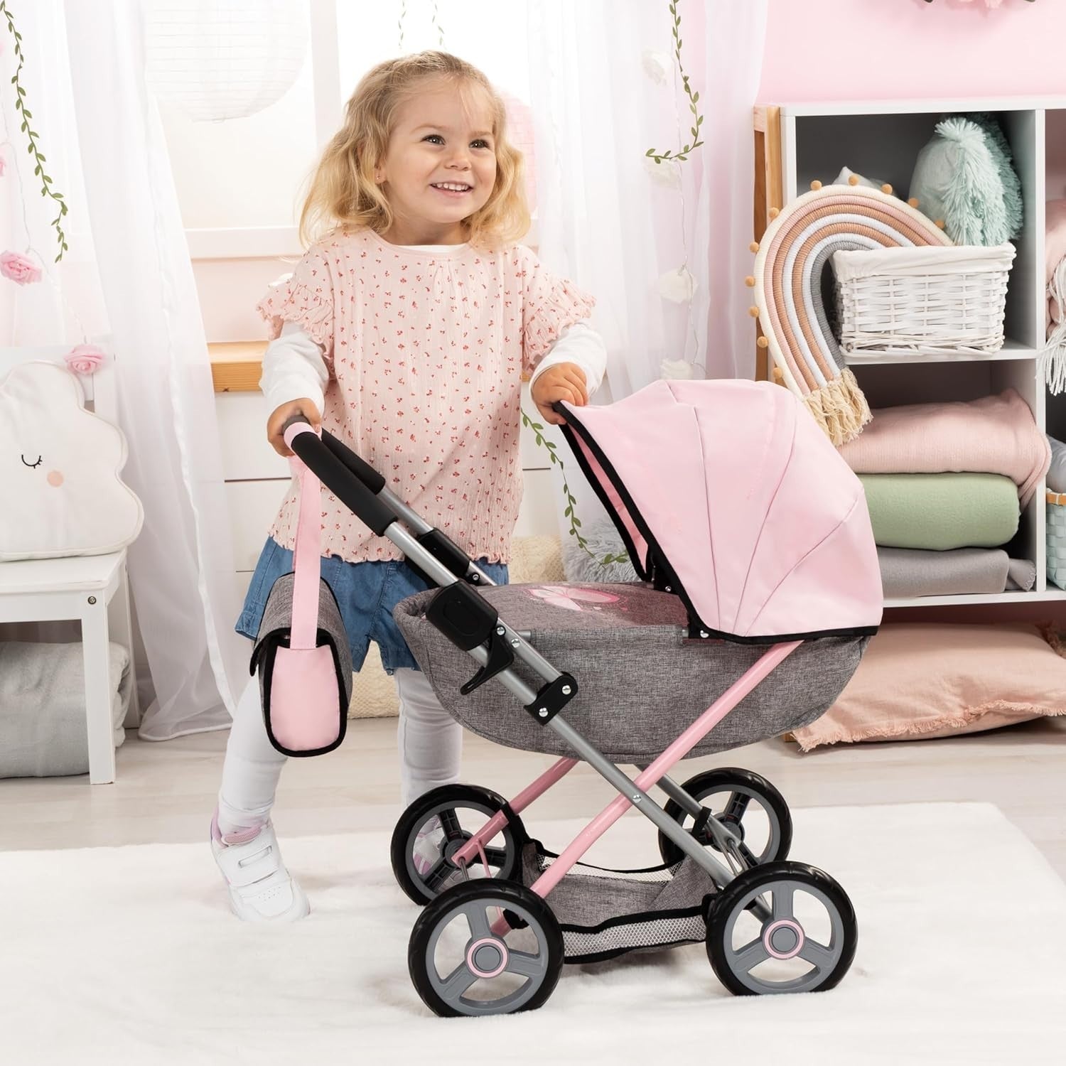 Foldable Baby Doll Pram Pushchair Toy with Accessories for 46cm Dolls
