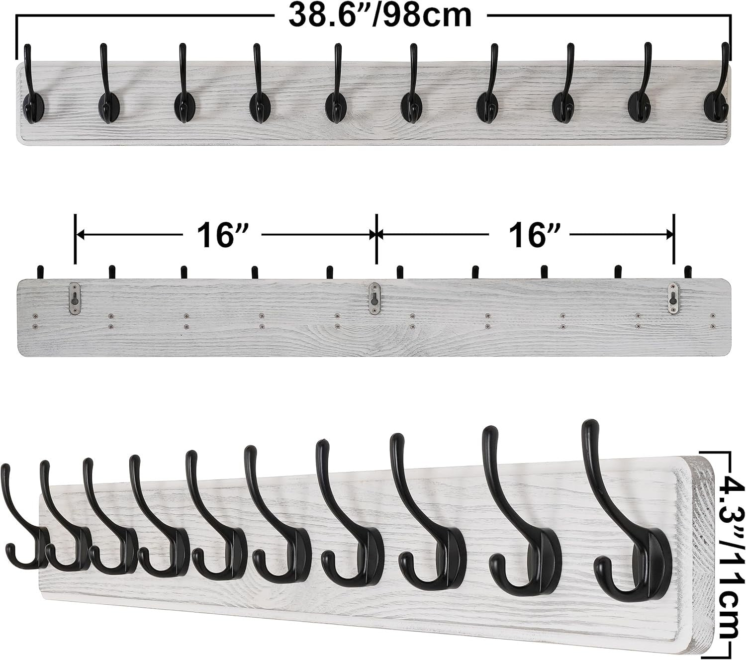 White Wood Wall Mounted Coat Rack with 10 Hooks | Farmhouse Hallway Hanger