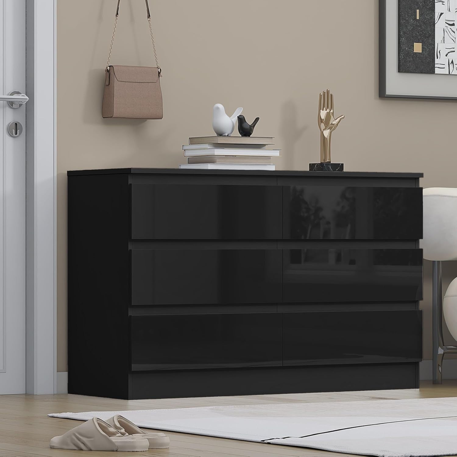 Black Gloss 6 Drawer Chest Bedroom Storage Dresser Clothes Unit Modern