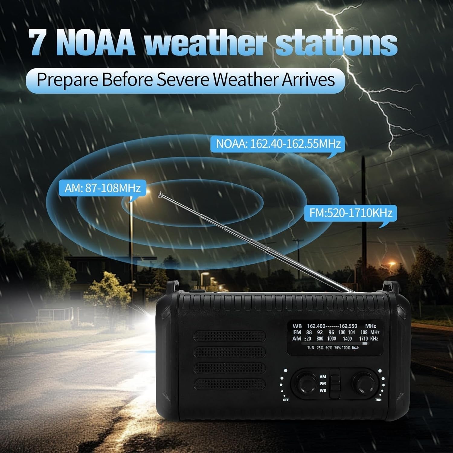Wind Up Solar Emergency Radio 20000mAh AM/FM NOAA SOS Torch Black