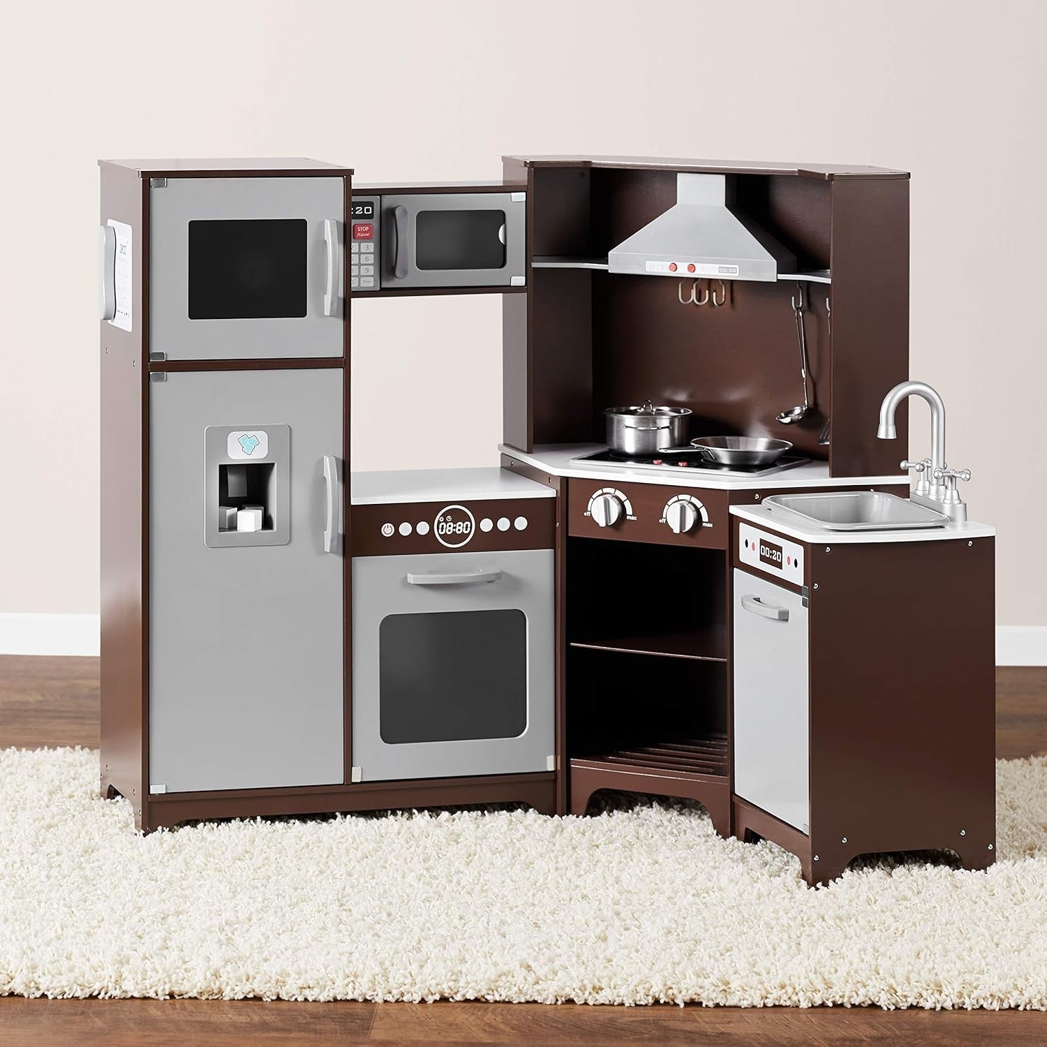 Wooden Corner Kids Play Kitchen Set Lights Sounds Accessories 99cm