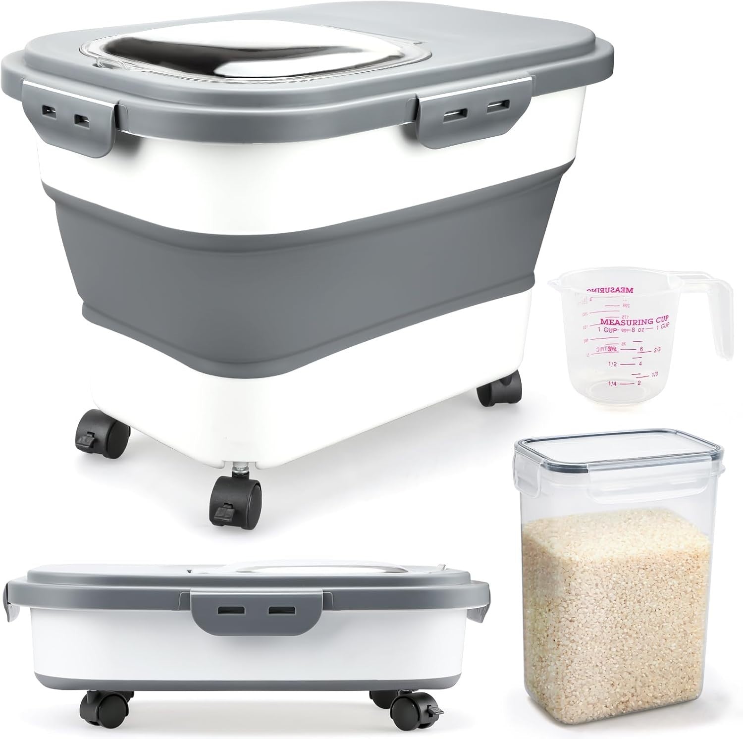 Collapsible Rice Storage Bin 10-30LBS Airtight Food Container Wheels