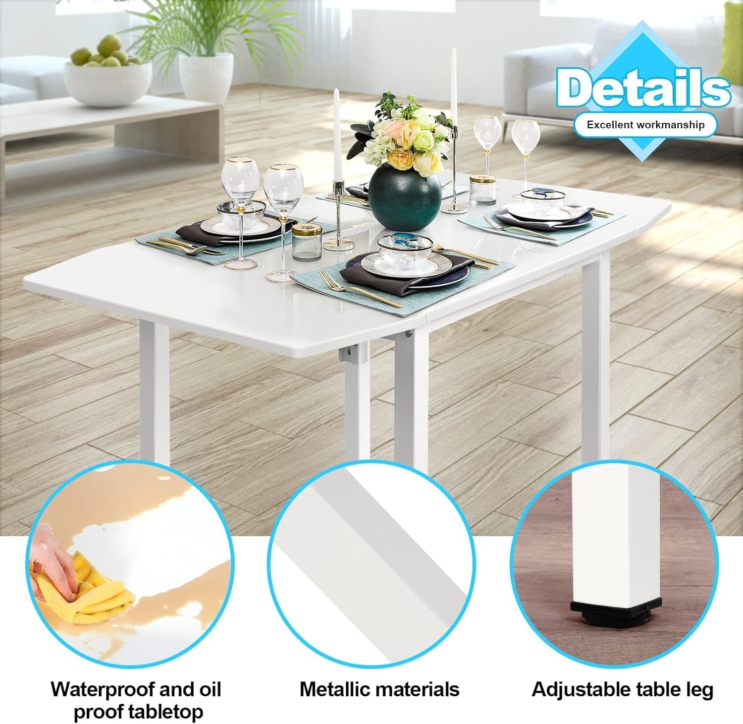 Space-Saving White Drop Leaf Dining Table & 4 Grey PU Leather Chairs Set