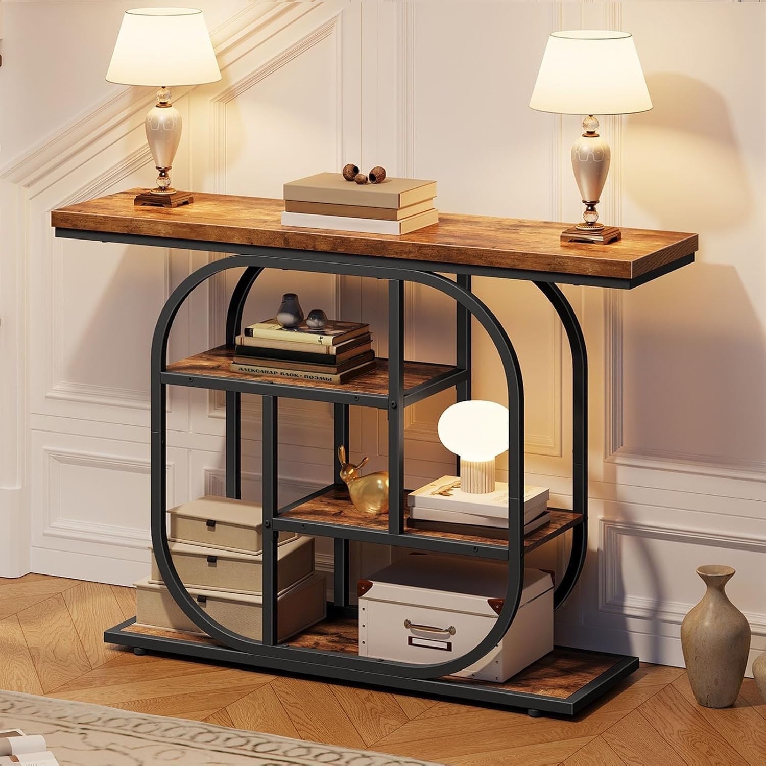 4-Tier Industrial Console Table 110x30x80 cm, Storage, Rustic Brown