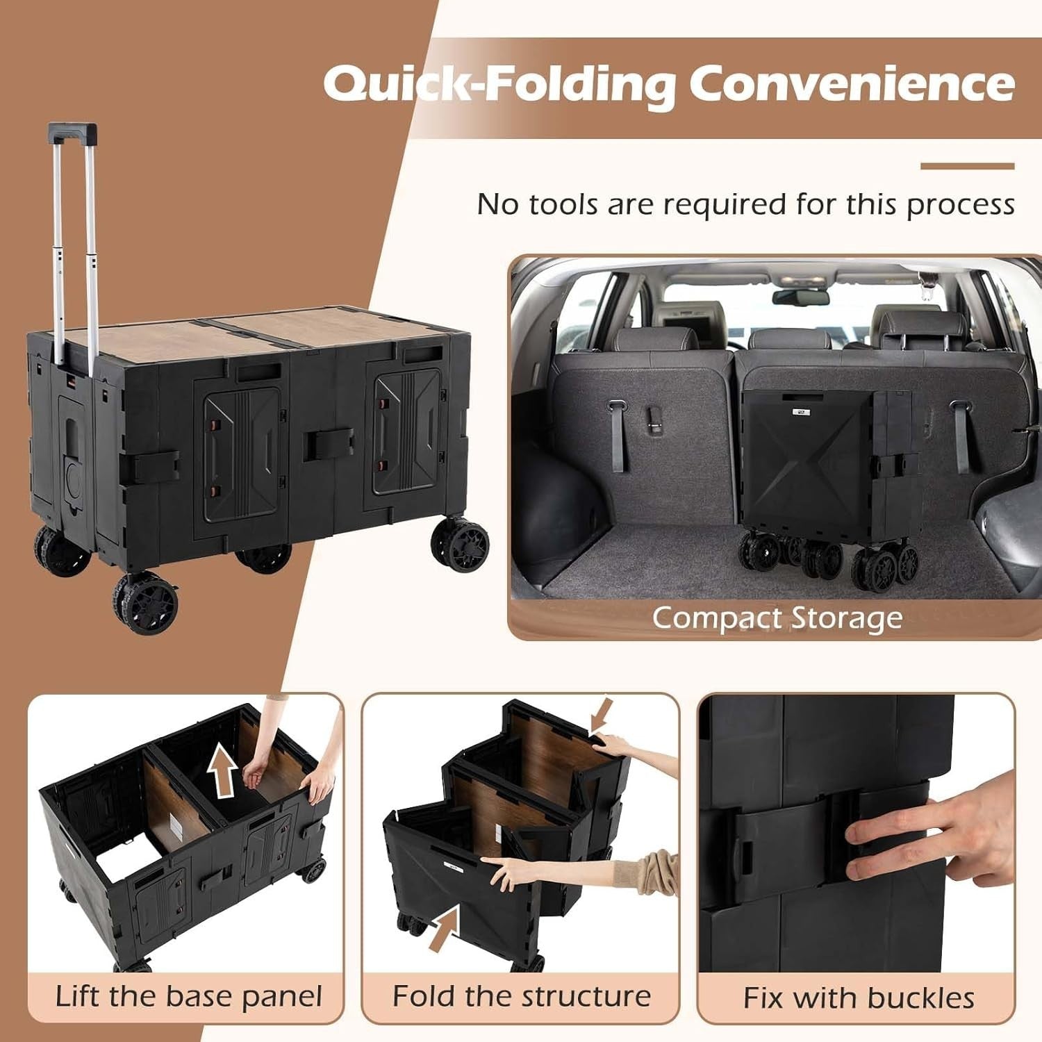 150L Folding Utility Trolley Cart Heavy Duty Wagon 5 Wheels Tabletop Black