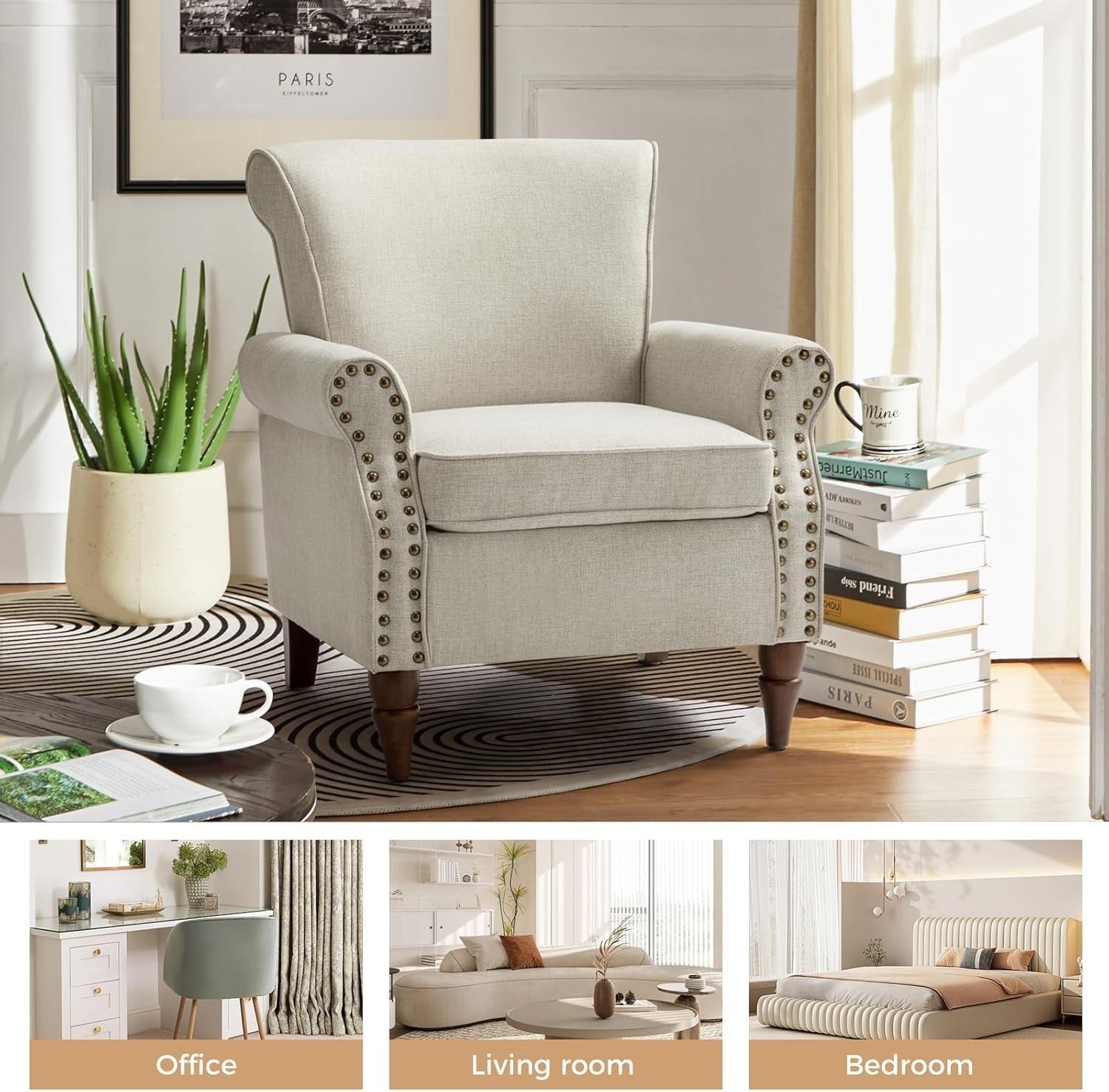 Oatmeal Wingback Armchairs Set of 2 Upholstered Lounge Living Room Chairs