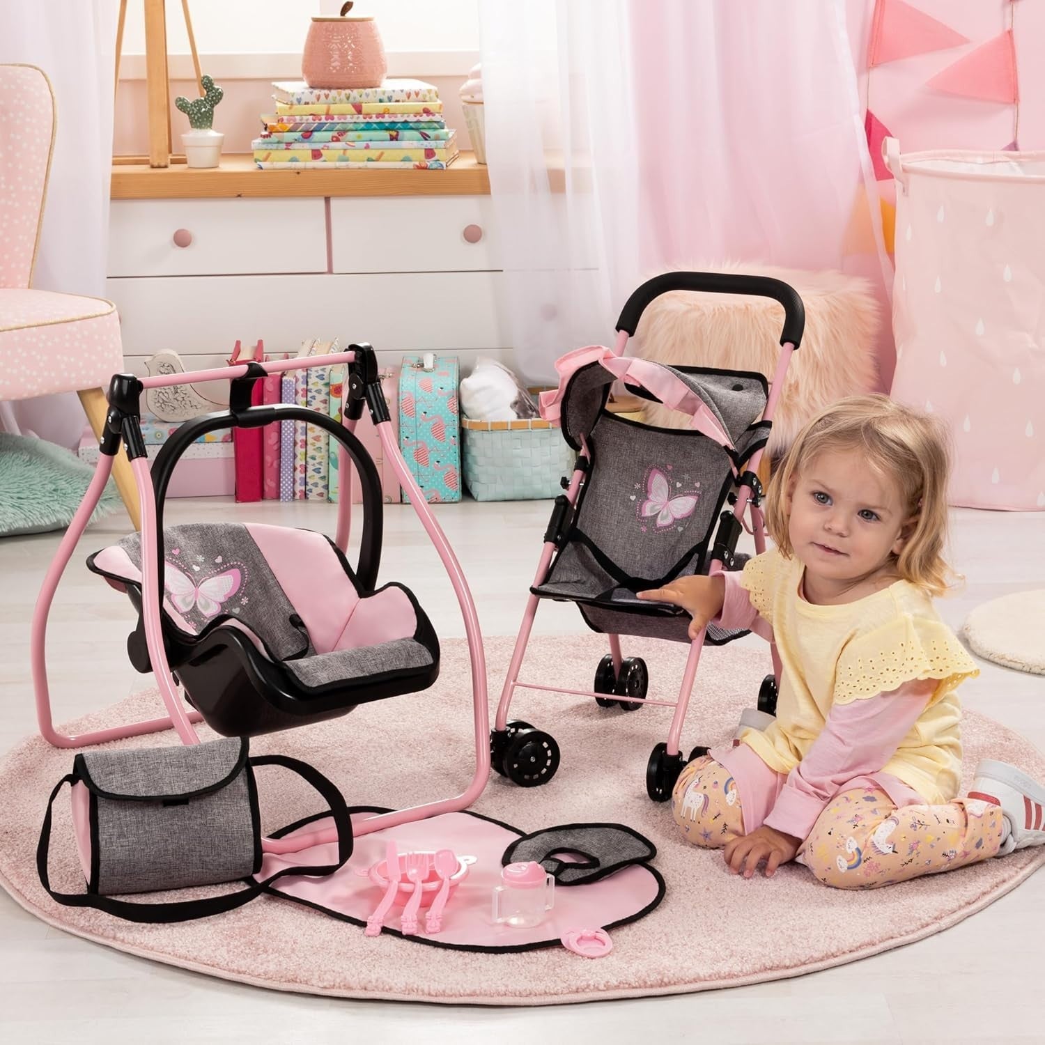 Pink Dolls Stroller Pram Set Pushchair Swing Bag Basket Toy