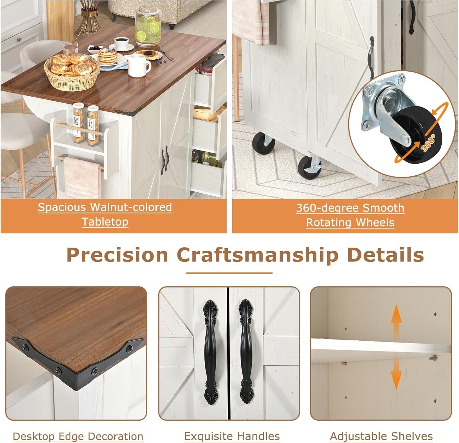 Spacious Kitchen Island Cart with Extendable Worktop, 2 Doors & 3 Drawers