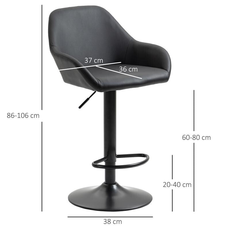 2x Adjustable Swivel Bar Stools Black PU Leather Chairs Kitchen Breakfast