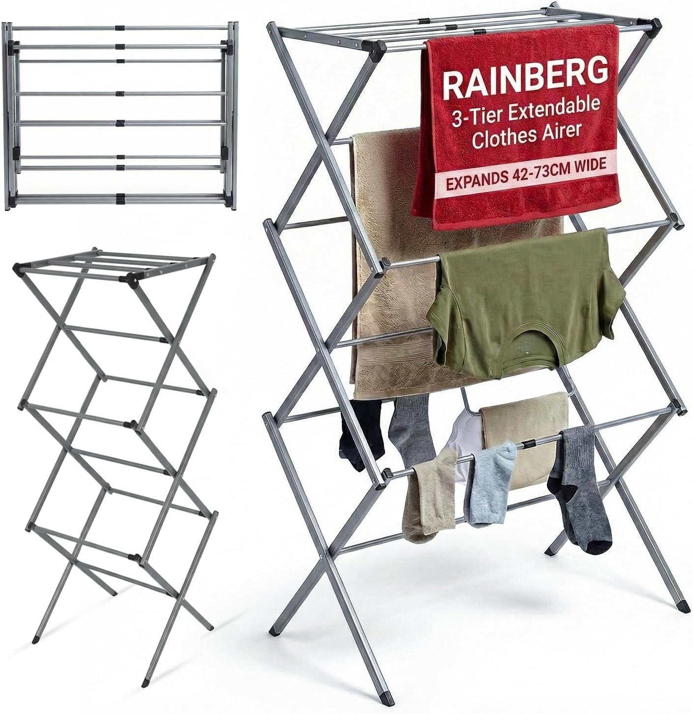 3 Tier Extendable Clothes Airer Folding Indoor Laundry Drying Rack Slimline