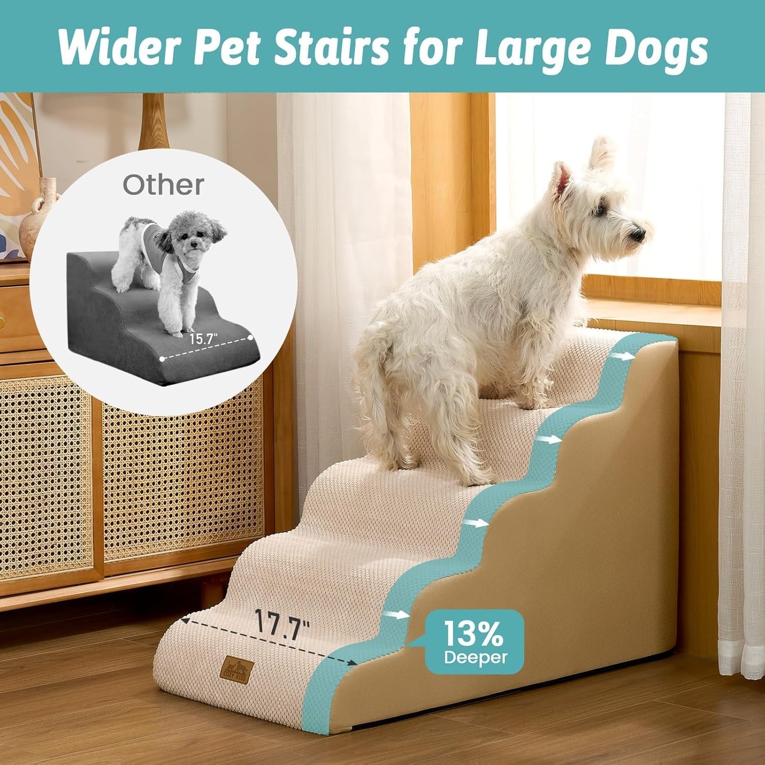 Wide Dog Stairs 5 Step 22.6in Foam Pet Ramp for Bed Sofa Car