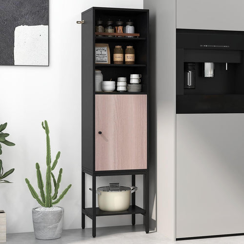 146cm Tall Wooden Storage Cabinet Black Adjustable Shelves Slim Cupboard