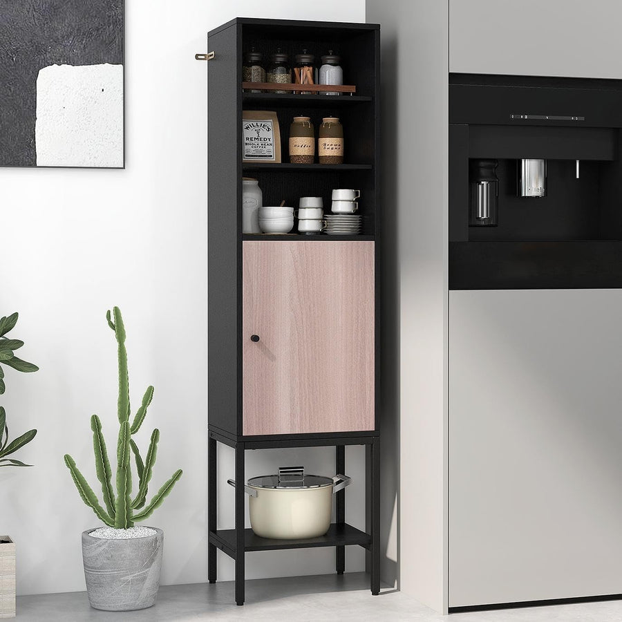 146cm Tall Wooden Storage Cabinet Black Adjustable Shelves Slim Cupboard