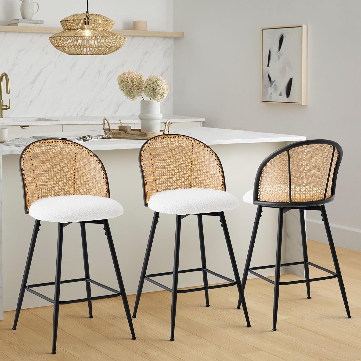 White Swivel Kitchen Counter Stools Pair Upholstered Rattan Back Island Seats
