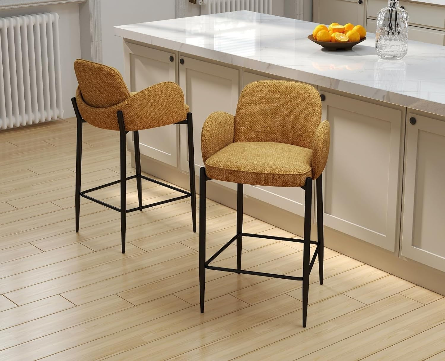 Modern Yellow Bar Stools Set of 2 | Chenille Seat, Metal Legs, Armrest
