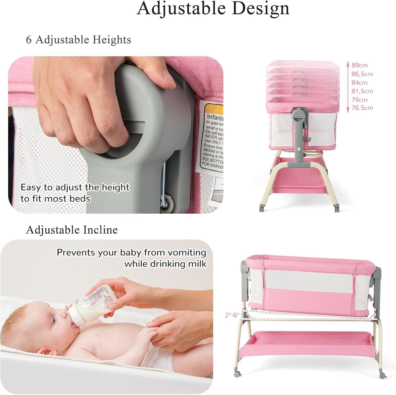 4-in-1 Baby Bedside Crib with Adjustable Height, Mosquito Net & Storage Pink