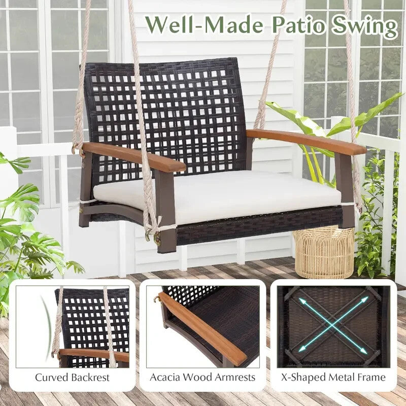 Rattan Porch Swing 2-Seater Acacia Armrests Outdoor Hanging Chair 180 kg