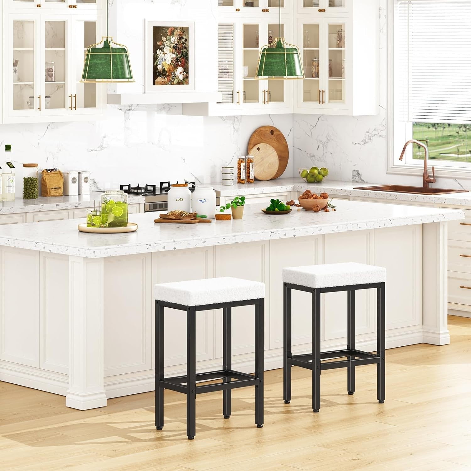 White Bar Stools Set of 2 Counter Height Kitchen Chairs 66cm