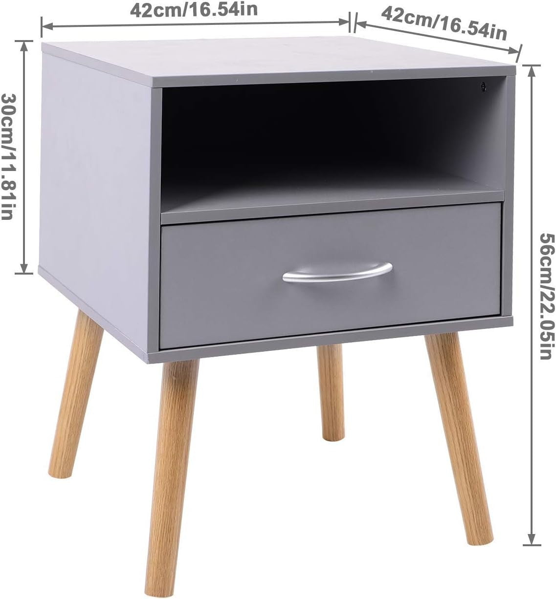 Set of 2 Grey Wood Bedside Tables with Drawer & Shelf – Modern Nightstands