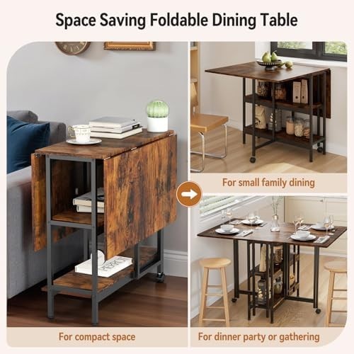 Brown Wooden Folding Drop Leaf Dining Table with Storage Shelves on Wheels