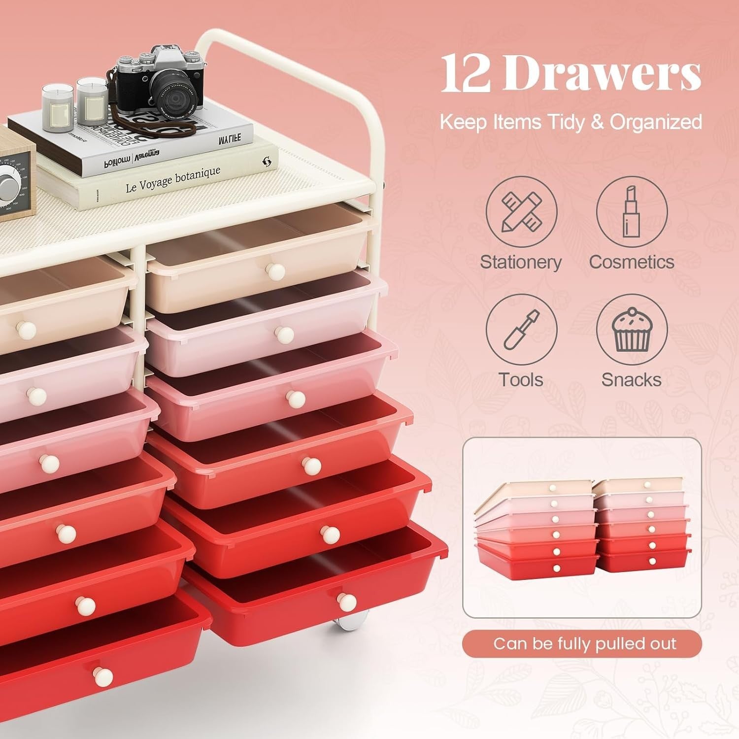 12 Drawer Rolling Storage Cart Pink Utility Trolley Organizer Wheels