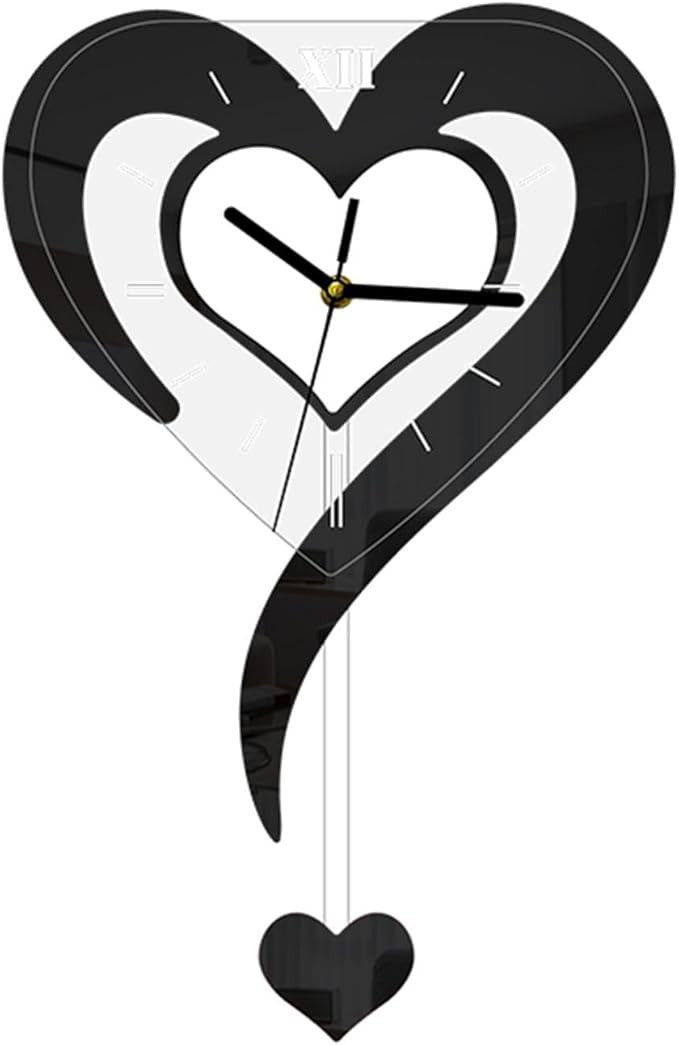 Black Heart Wall Clock Modern Silent Acrylic Hanging Décor for Bedroom Office