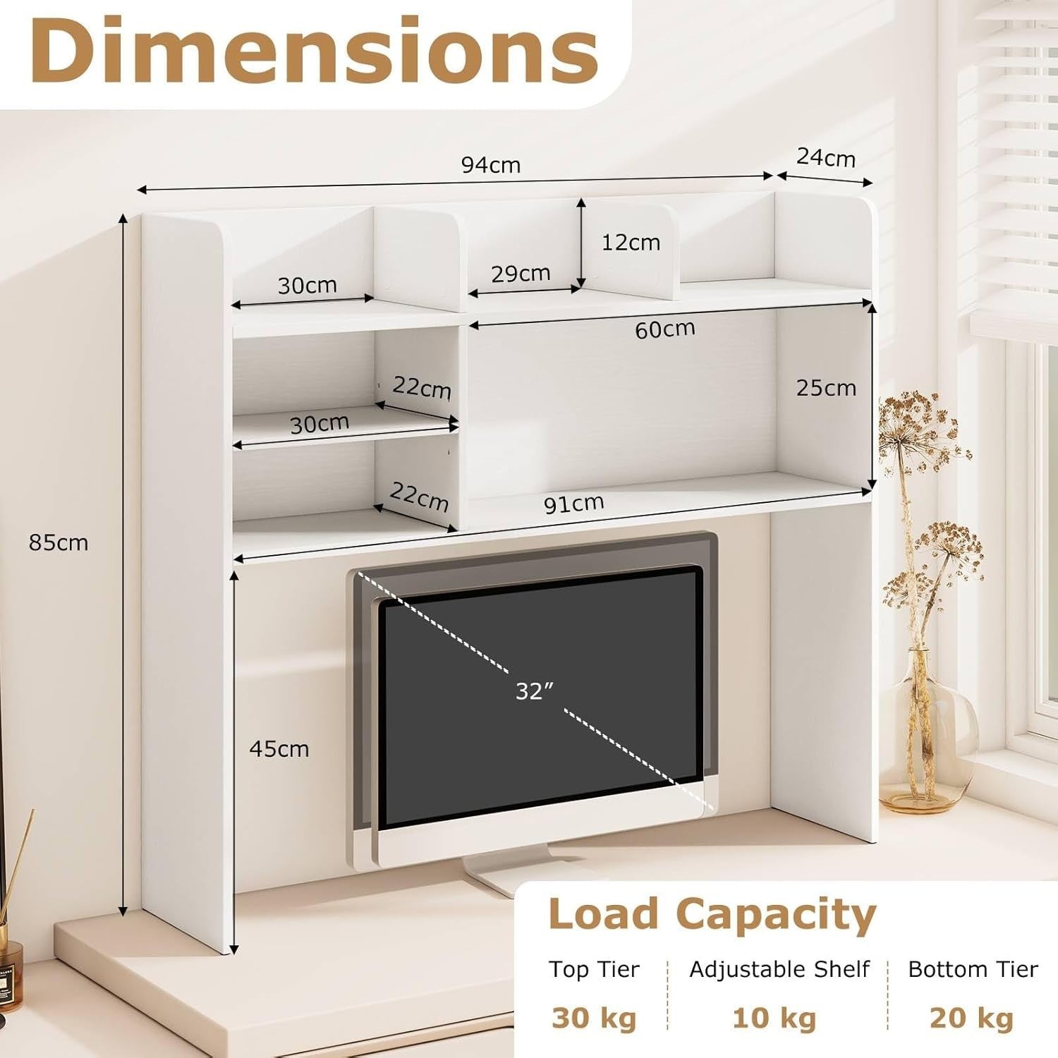 White Desktop Bookshelf Hutch 6-Shelf Monitor Storage Rack Adjustable