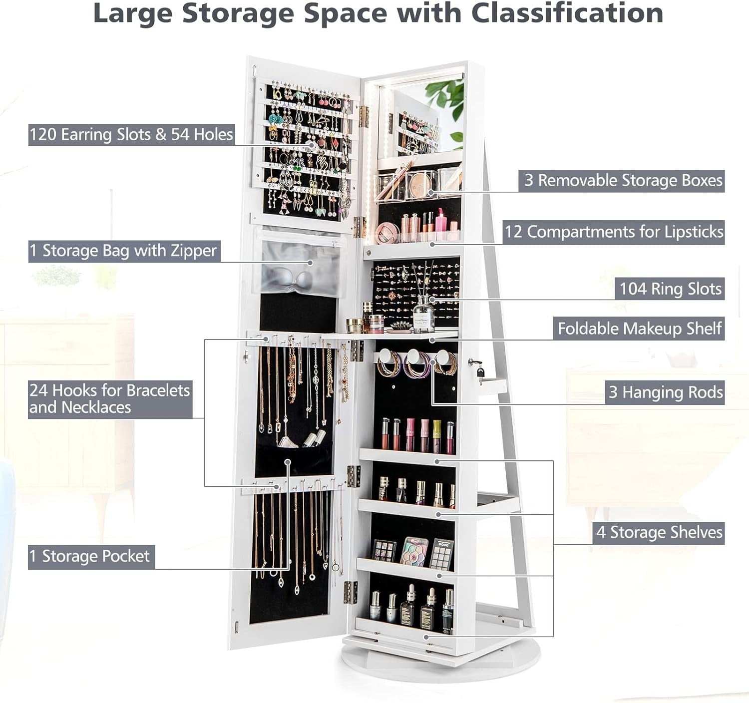 360° Rotating Jewelry Cabinet LED Mirror Lockable Freestanding Organizer
