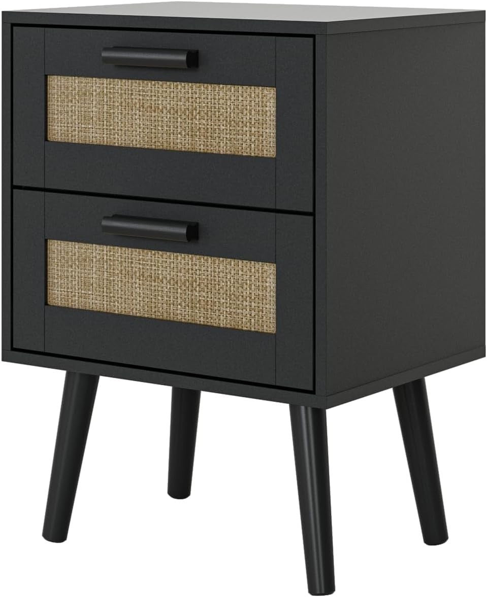 Rattan Bedside Table with 2 Drawers – Modern Wood Nightstand Storage