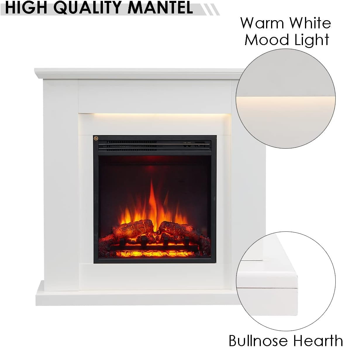 Electric Fireplace Heater 2kW White Freestanding LED Log Flame Effect Remote