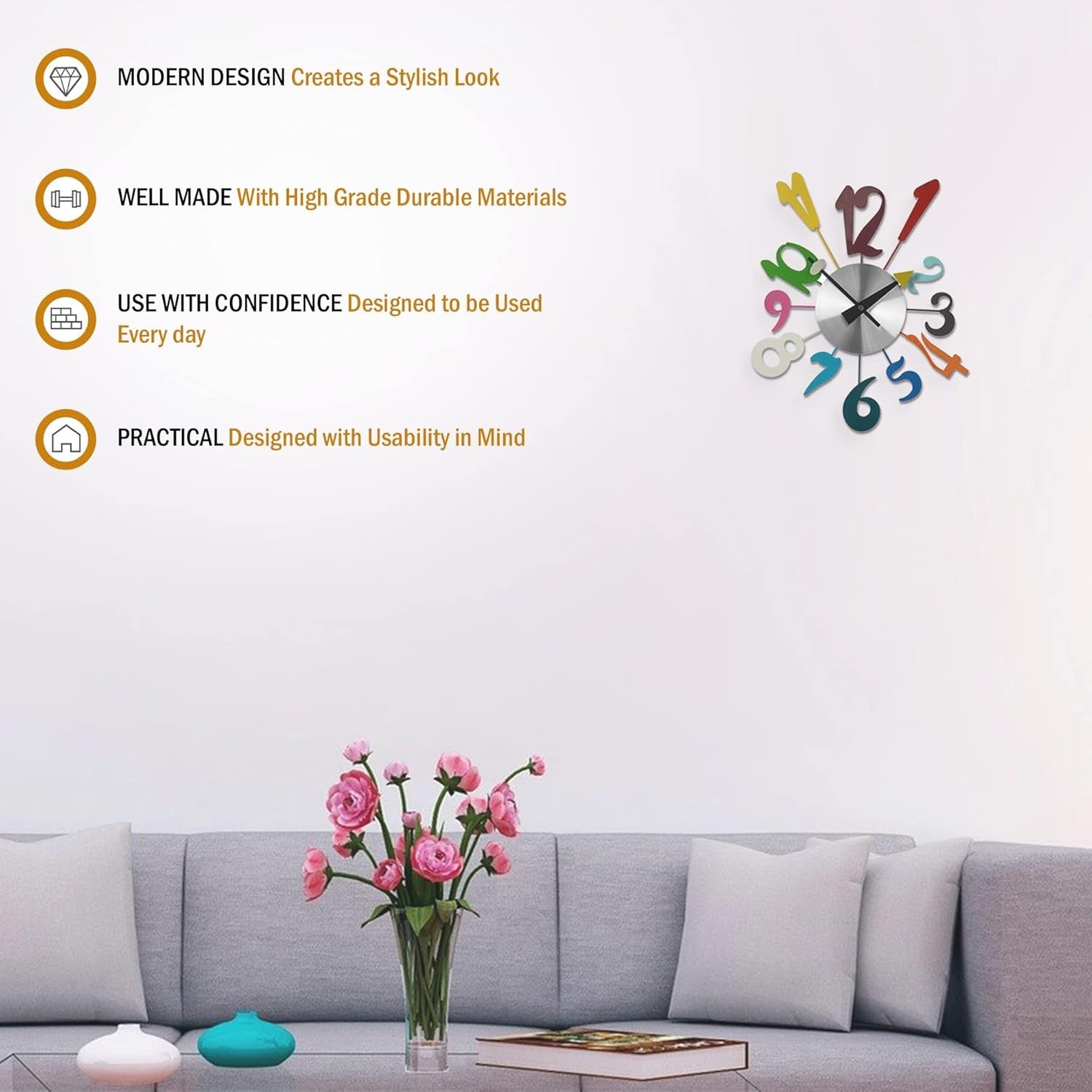 Modern Funky Numbers Wall Clock Multicolour Metal Silent Round Clock 38cm Home